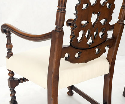 EstablishedLines Pair of Carved Walnut Tall Backs New Upholstery Fireside Arm Side Chairs MINT!