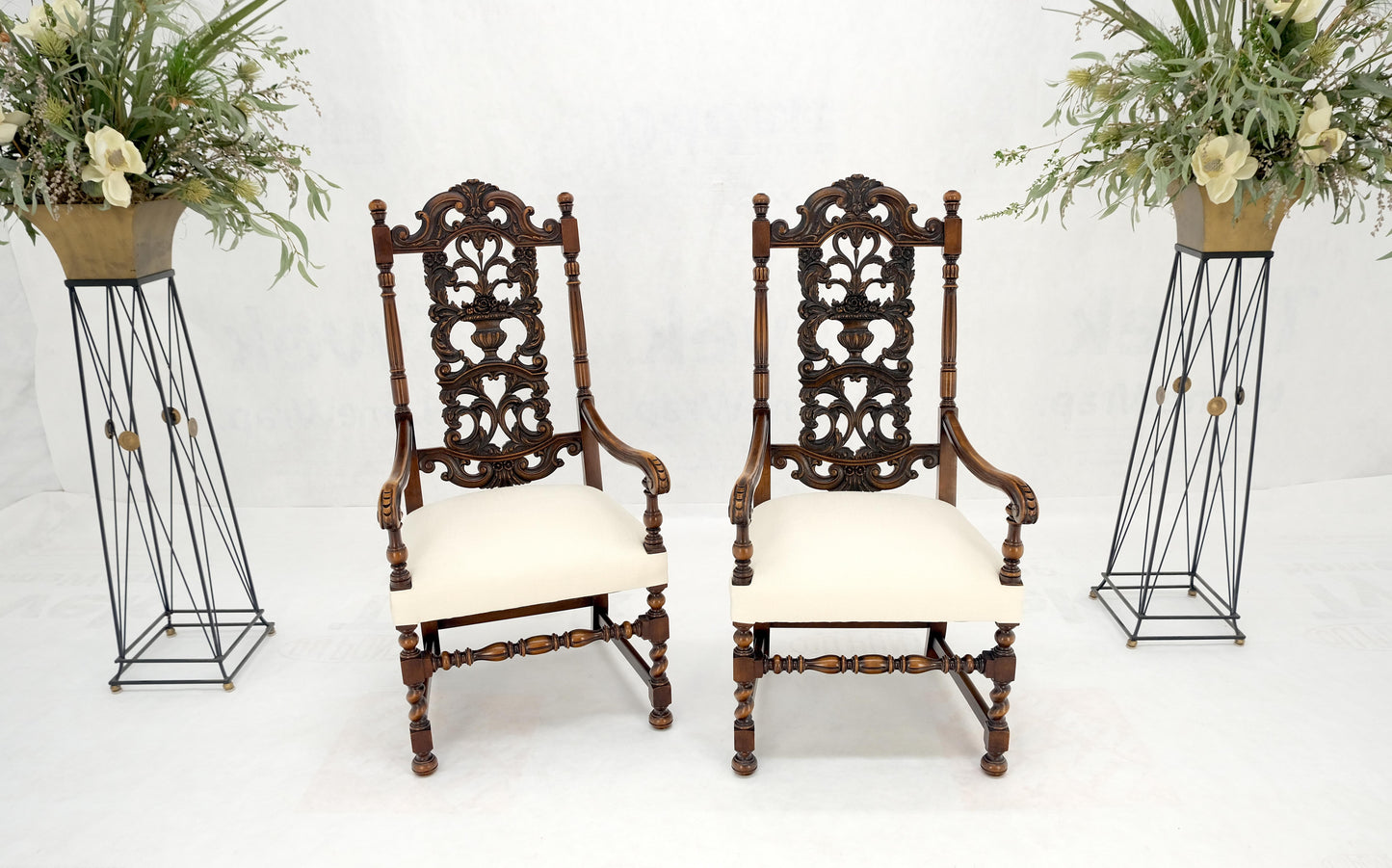 EstablishedLines Pair of Carved Walnut Tall Backs New Upholstery Fireside Arm Side Chairs MINT!