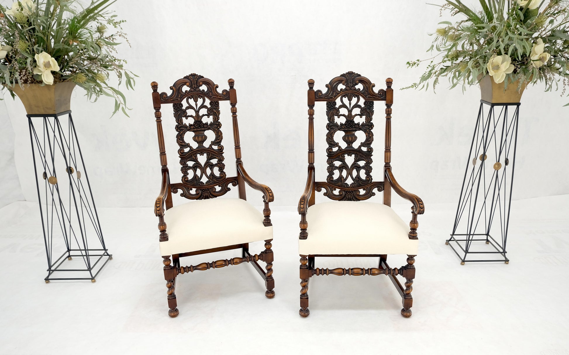 EstablishedLines Pair of Carved Walnut Tall Backs New Upholstery Fireside Arm Side Chairs MINT!