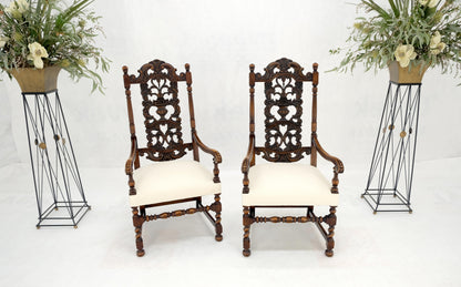 EstablishedLines Pair of Carved Walnut Tall Backs New Upholstery Fireside Arm Side Chairs MINT!