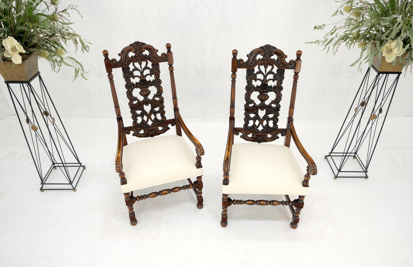 EstablishedLines Pair of Carved Walnut Tall Backs New Upholstery Fireside Arm Side Chairs MINT!