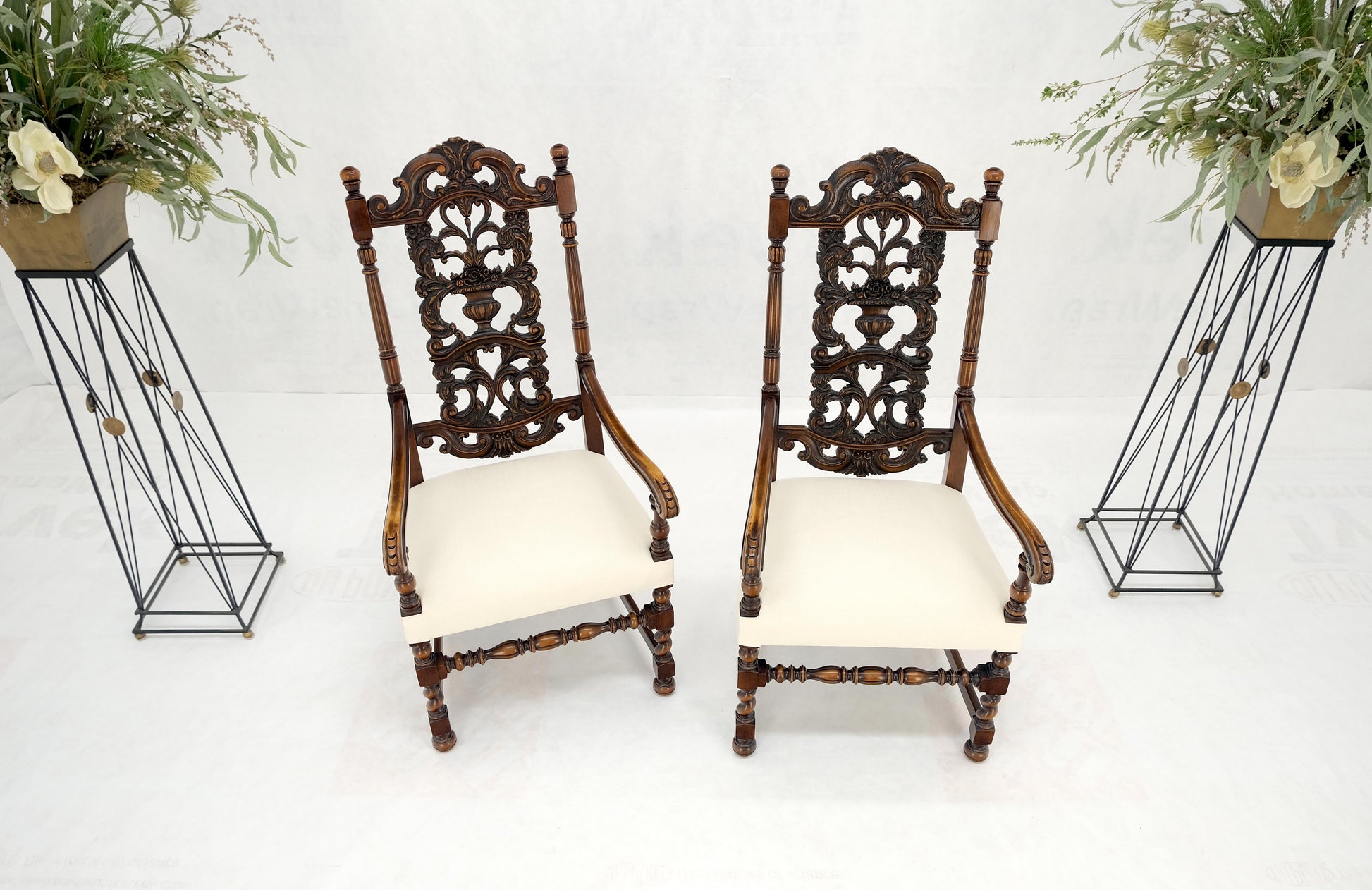 EstablishedLines Pair of Carved Walnut Tall Backs New Upholstery Fireside Arm Side Chairs MINT!