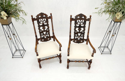 EstablishedLines Pair of Carved Walnut Tall Backs New Upholstery Fireside Arm Side Chairs MINT!