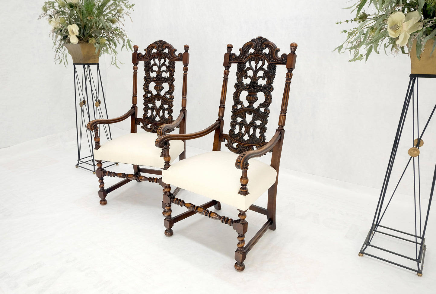 EstablishedLines Pair of Carved Walnut Tall Backs New Upholstery Fireside Arm Side Chairs MINT!