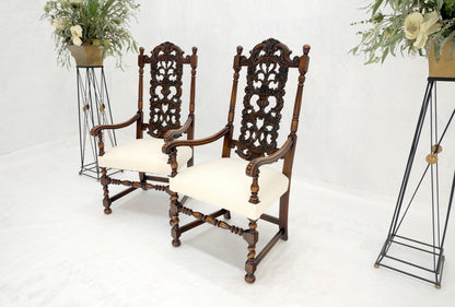 EstablishedLines Pair of Carved Walnut Tall Backs New Upholstery Fireside Arm Side Chairs MINT!