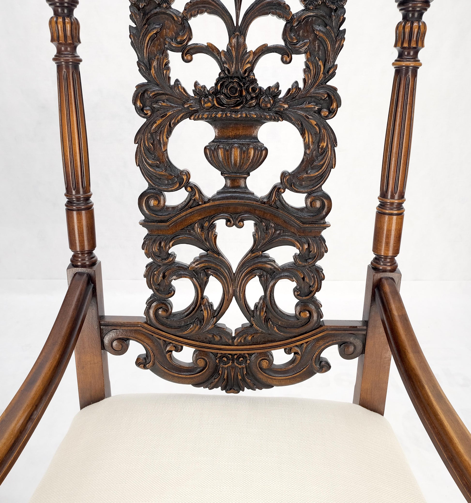 EstablishedLines Pair of Carved Walnut Tall Backs New Upholstery Fireside Arm Side Chairs MINT!