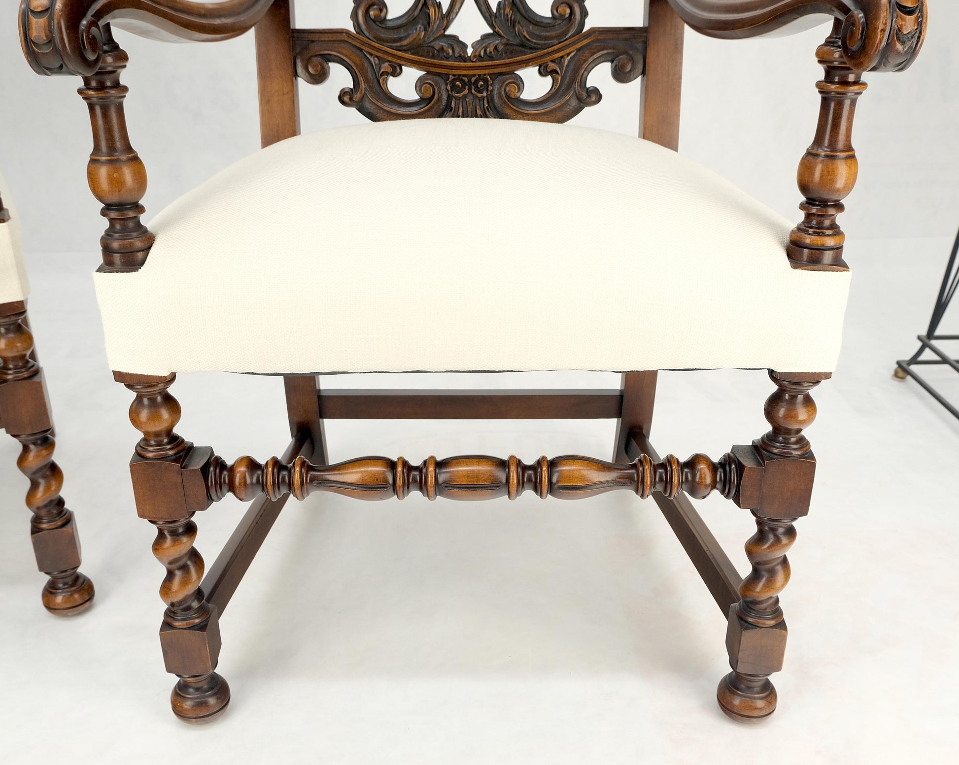EstablishedLines Pair of Carved Walnut Tall Backs New Upholstery Fireside Arm Side Chairs MINT!