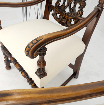 EstablishedLines Pair of Carved Walnut Tall Backs New Upholstery Fireside Arm Side Chairs MINT!