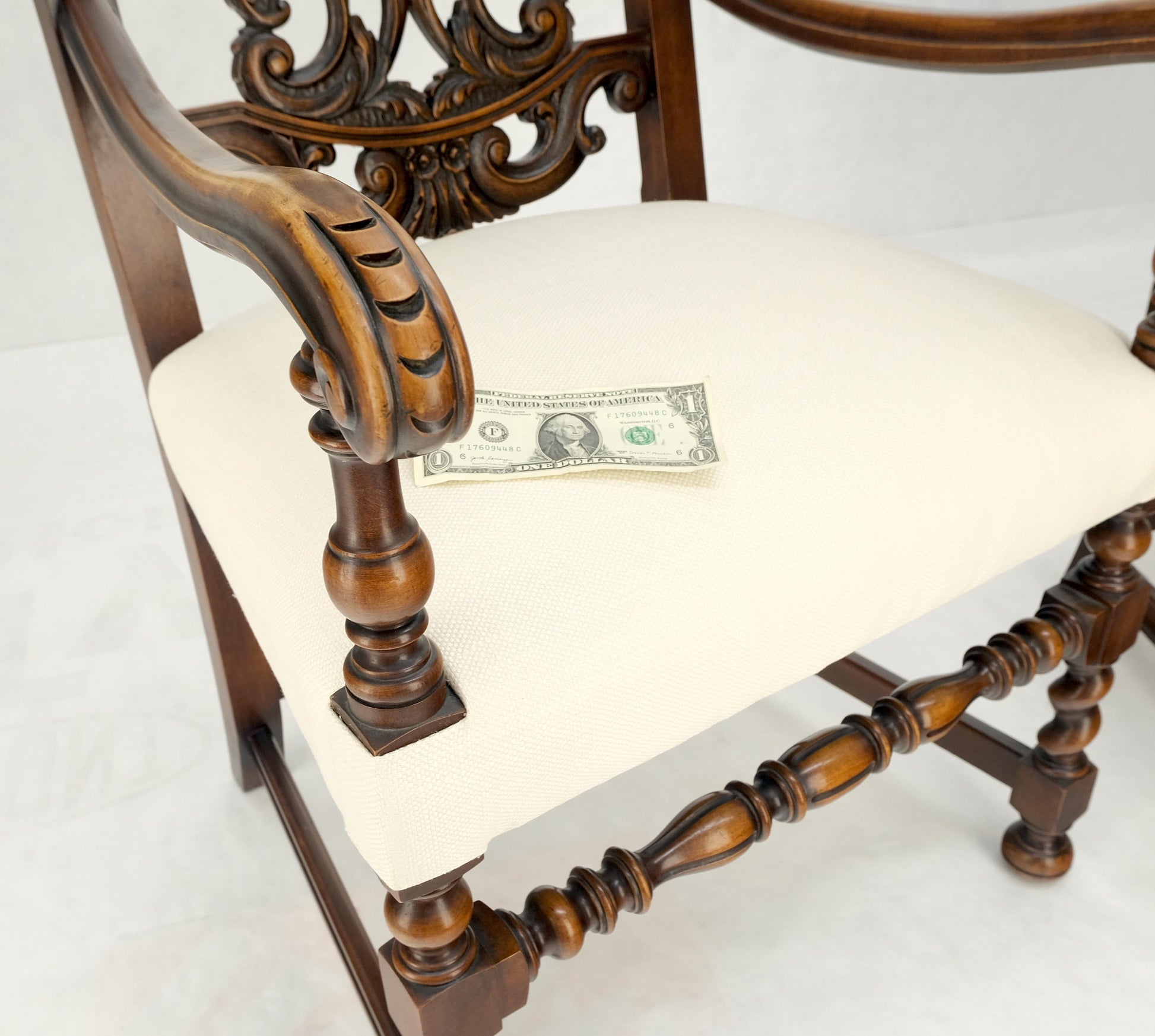 EstablishedLines Pair of Carved Walnut Tall Backs New Upholstery Fireside Arm Side Chairs MINT!