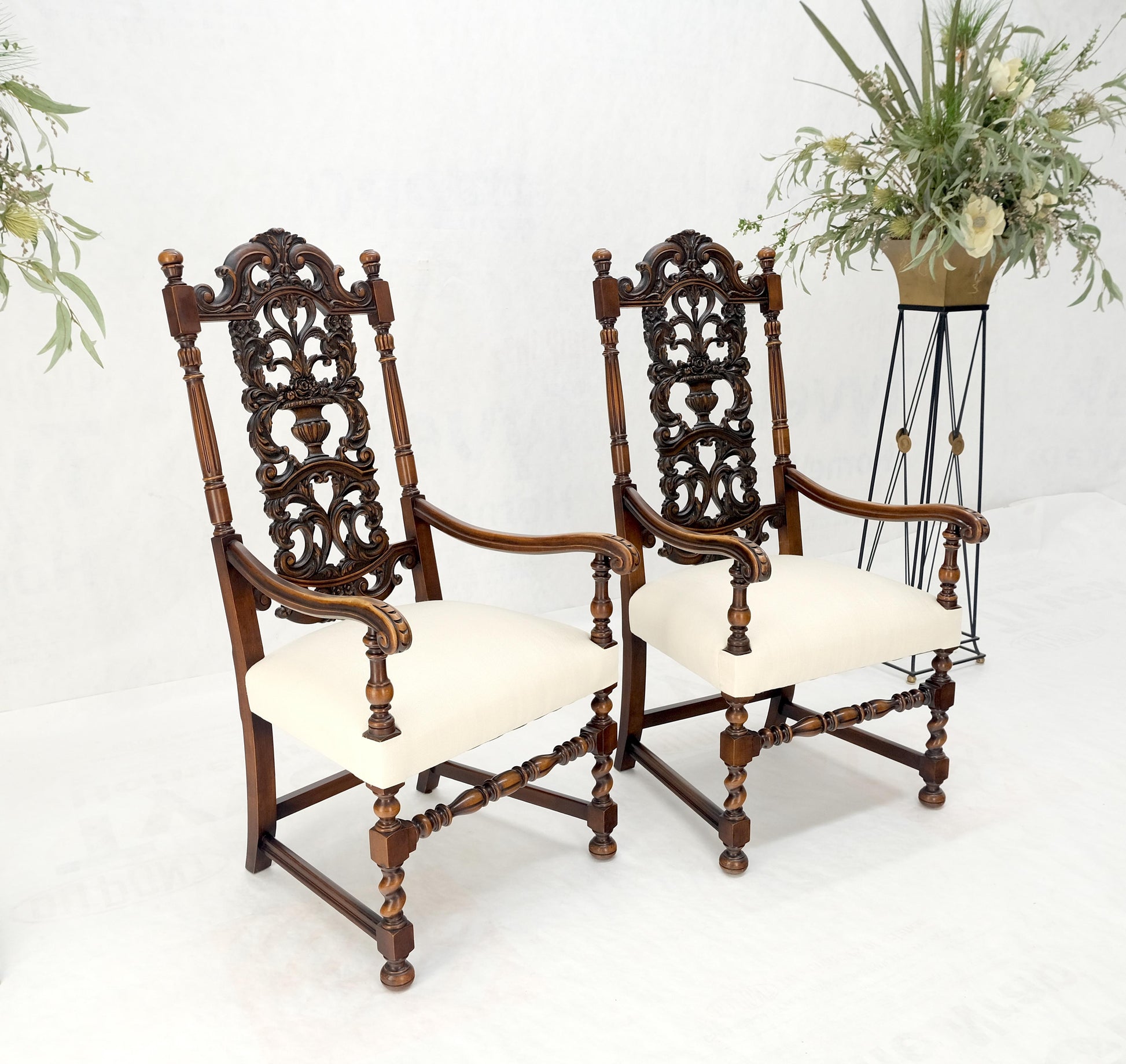 EstablishedLines Pair of Carved Walnut Tall Backs New Upholstery Fireside Arm Side Chairs MINT!
