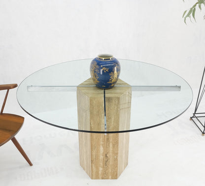 Italian MCM Travertine Hexagon Base Round Glass Top Dining Dinette Table Mint!