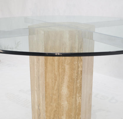Italian MCM Travertine Hexagon Base Round Glass Top Dining Dinette Table Mint!