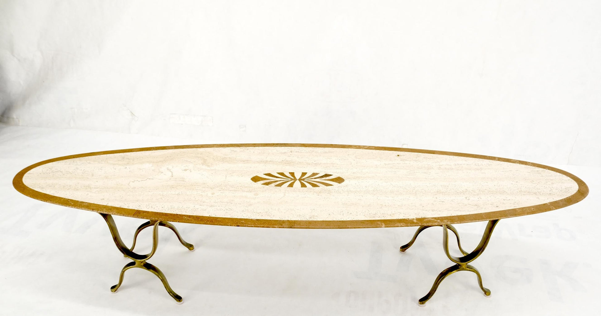 EstablishedLines Mid Century Modern Long Oval Inlaid Travertine Brass Base Coffee Table MINT!