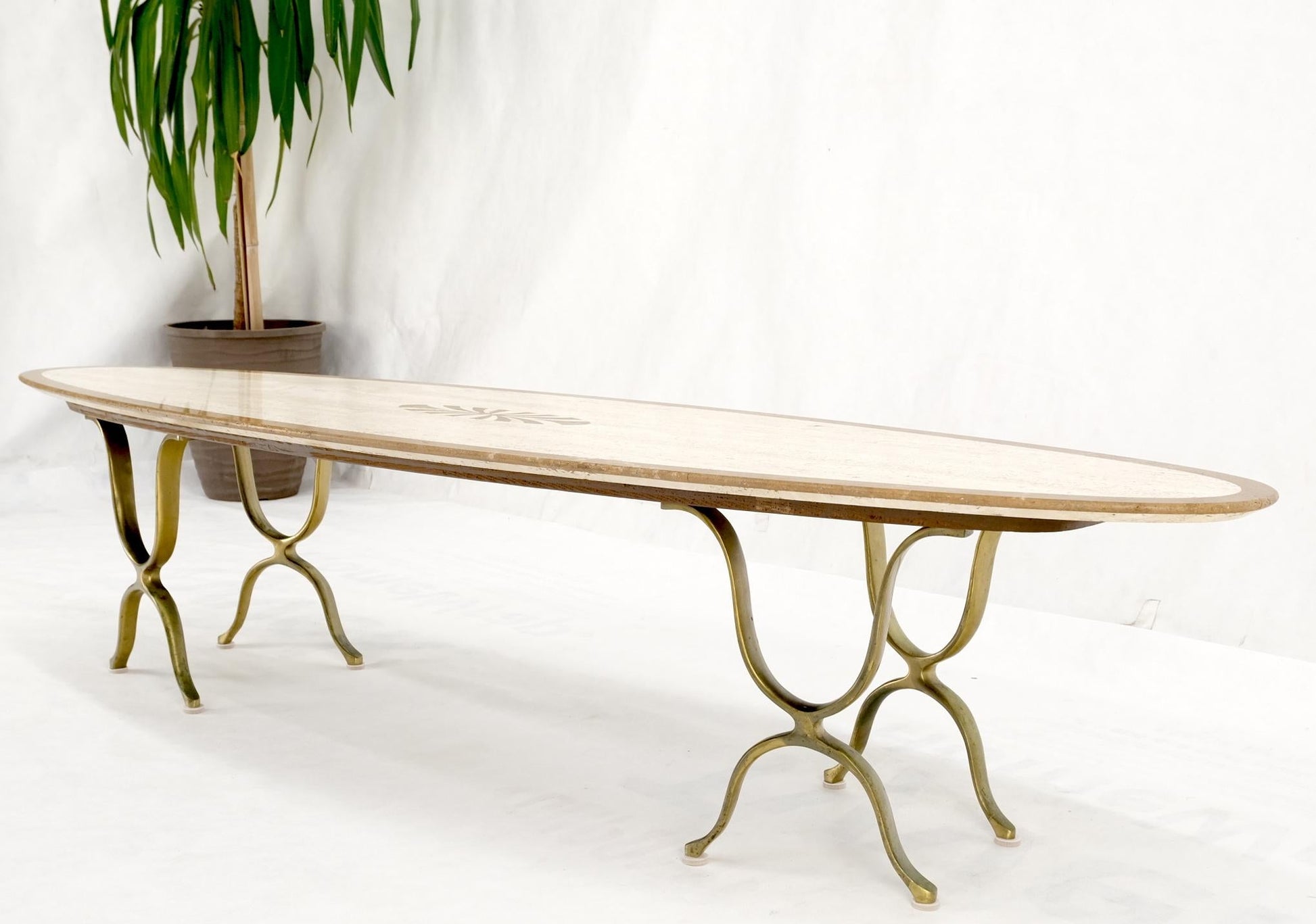 EstablishedLines Mid Century Modern Long Oval Inlaid Travertine Brass Base Coffee Table MINT!