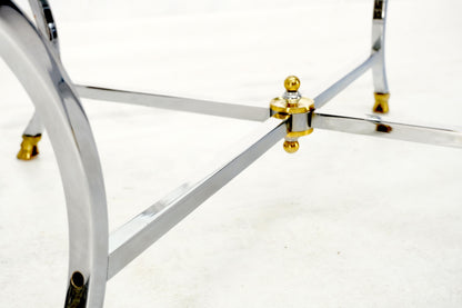EstablishedLines Brass Hoof Feet Polished Chrome Glass Top Square Coffee Table Mid-Century Modern
