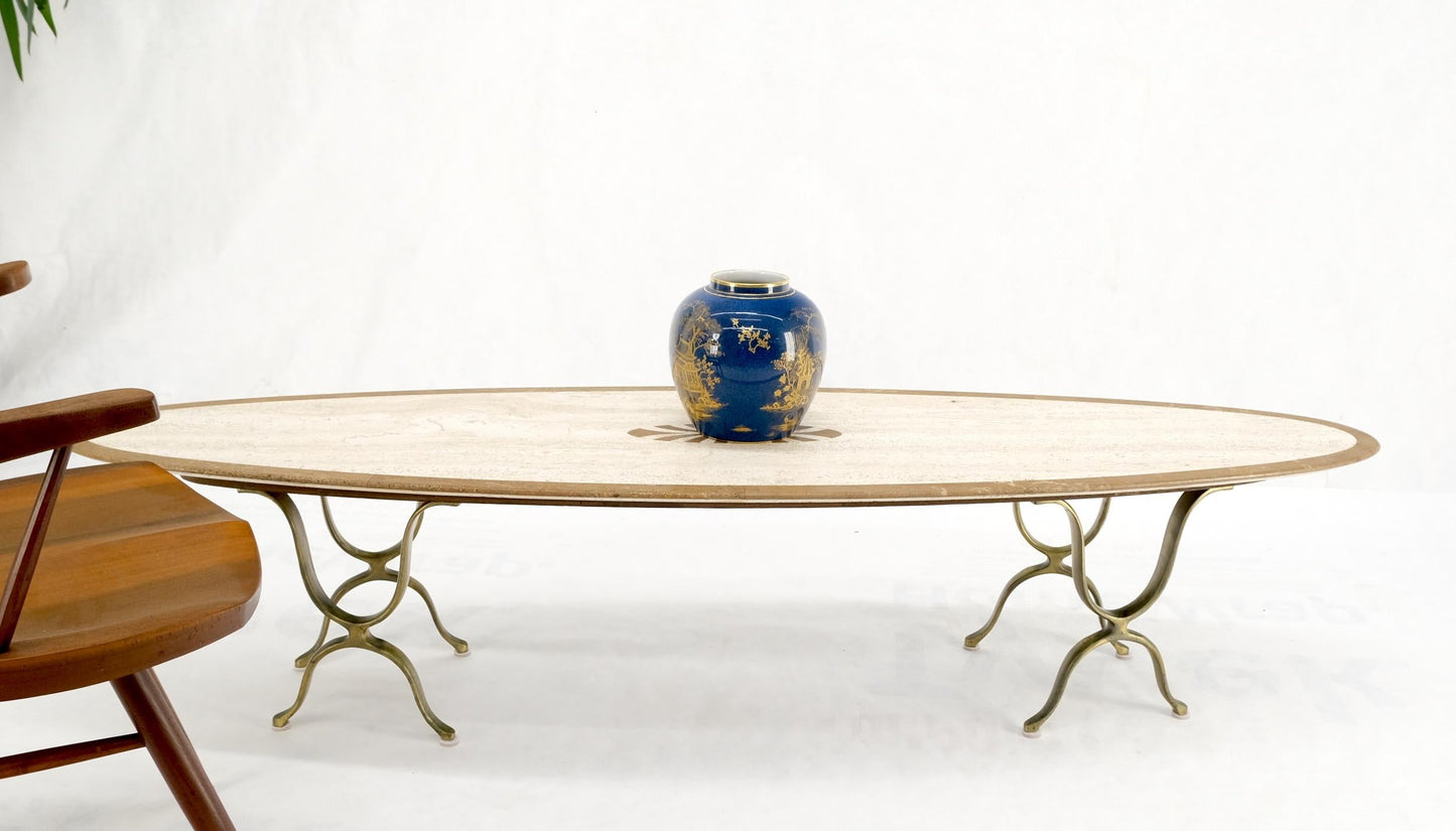 EstablishedLines Mid Century Modern Long Oval Inlaid Travertine Brass Base Coffee Table MINT!