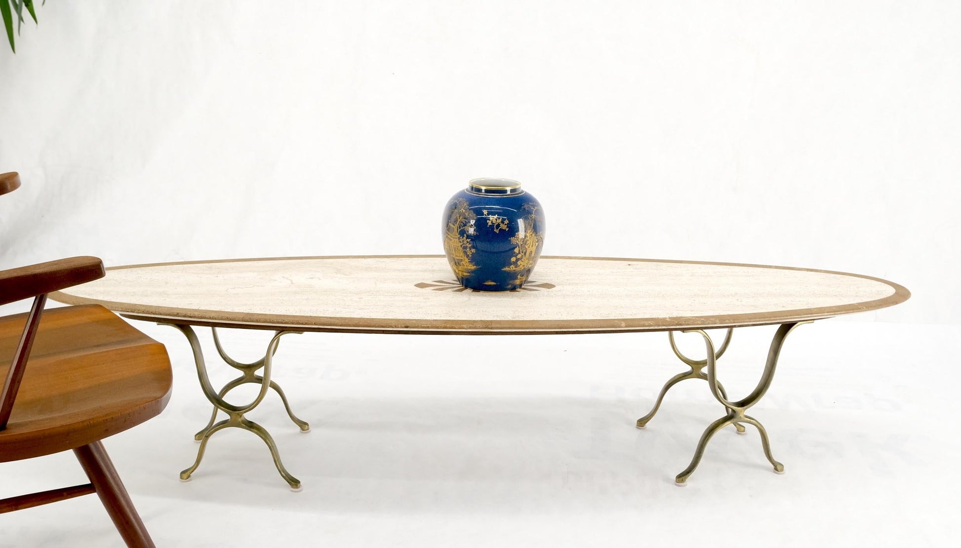 EstablishedLines Mid Century Modern Long Oval Inlaid Travertine Brass Base Coffee Table MINT!