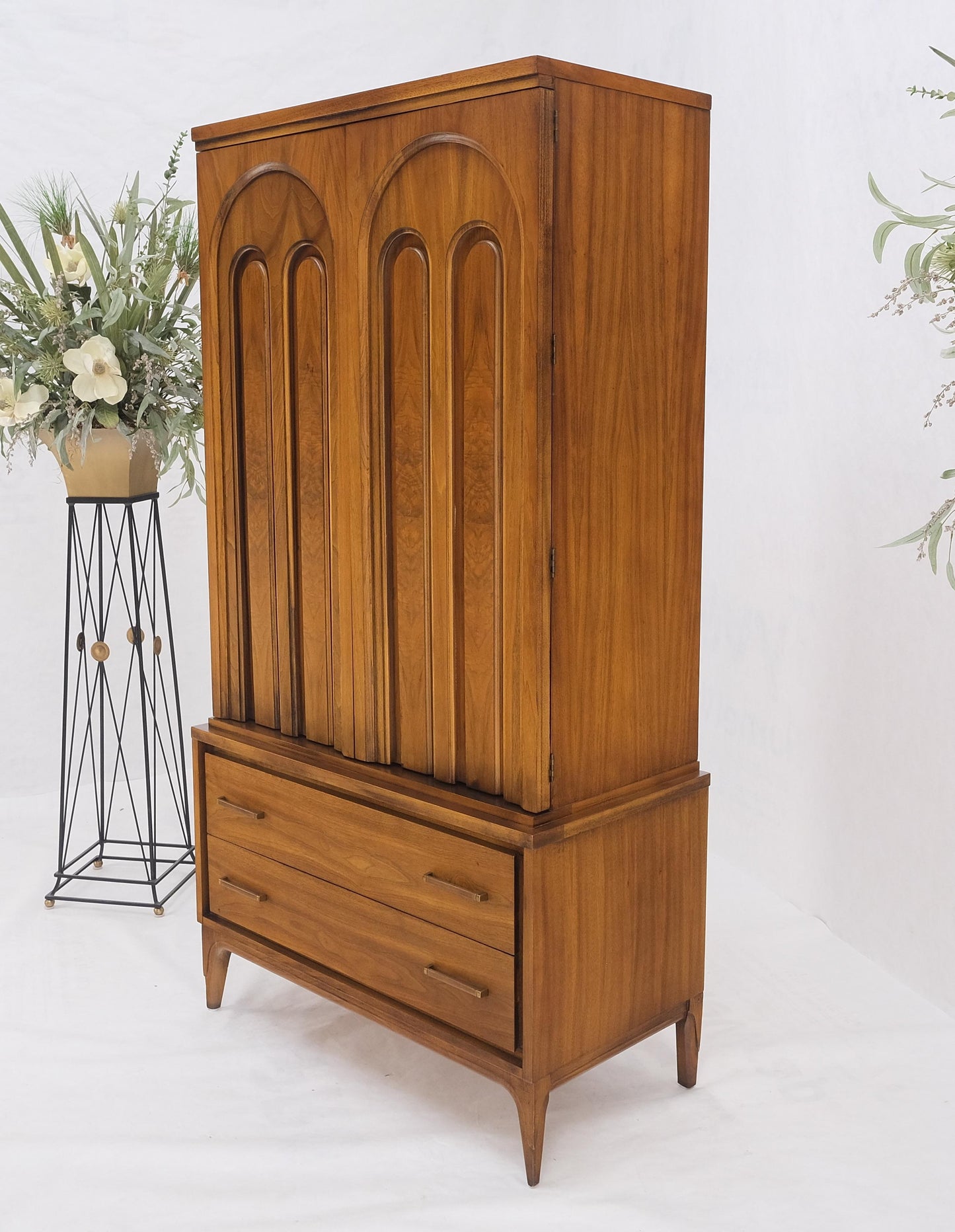 Walnut Mid-Century Modern Highboy Chest Dresser Double Door Compartment