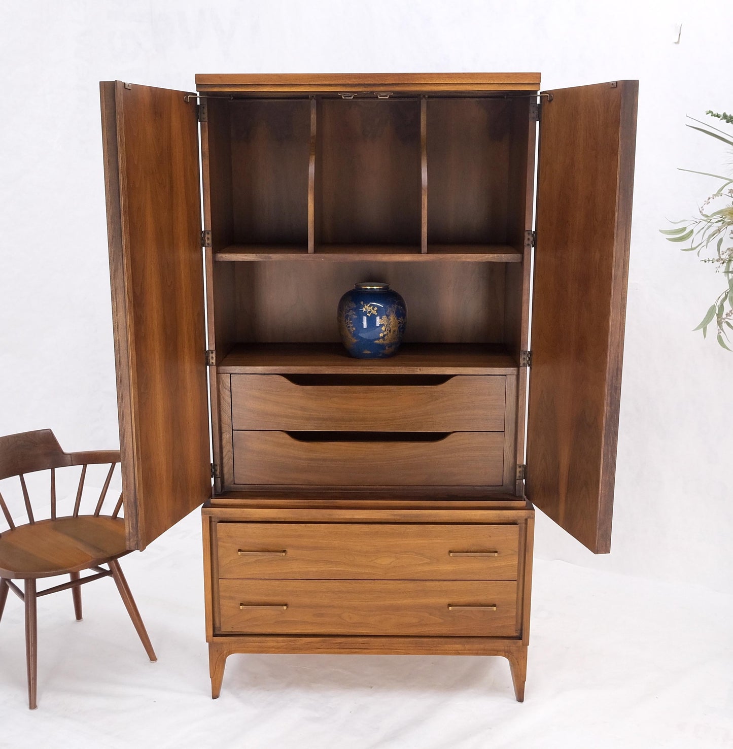 Walnut Mid-Century Modern Highboy Chest Dresser Double Door Compartment