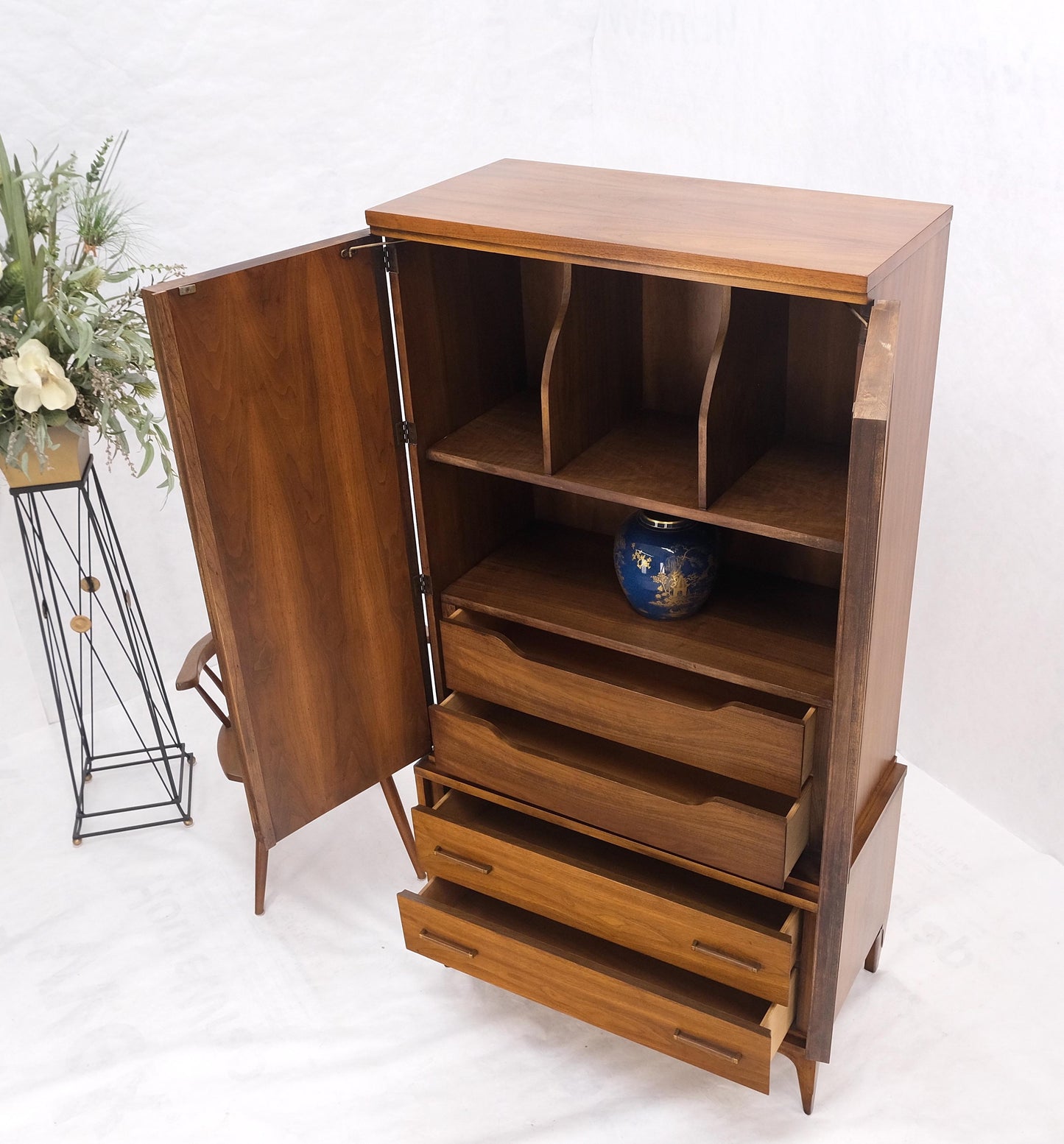 Walnut Mid-Century Modern Highboy Chest Dresser Double Door Compartment
