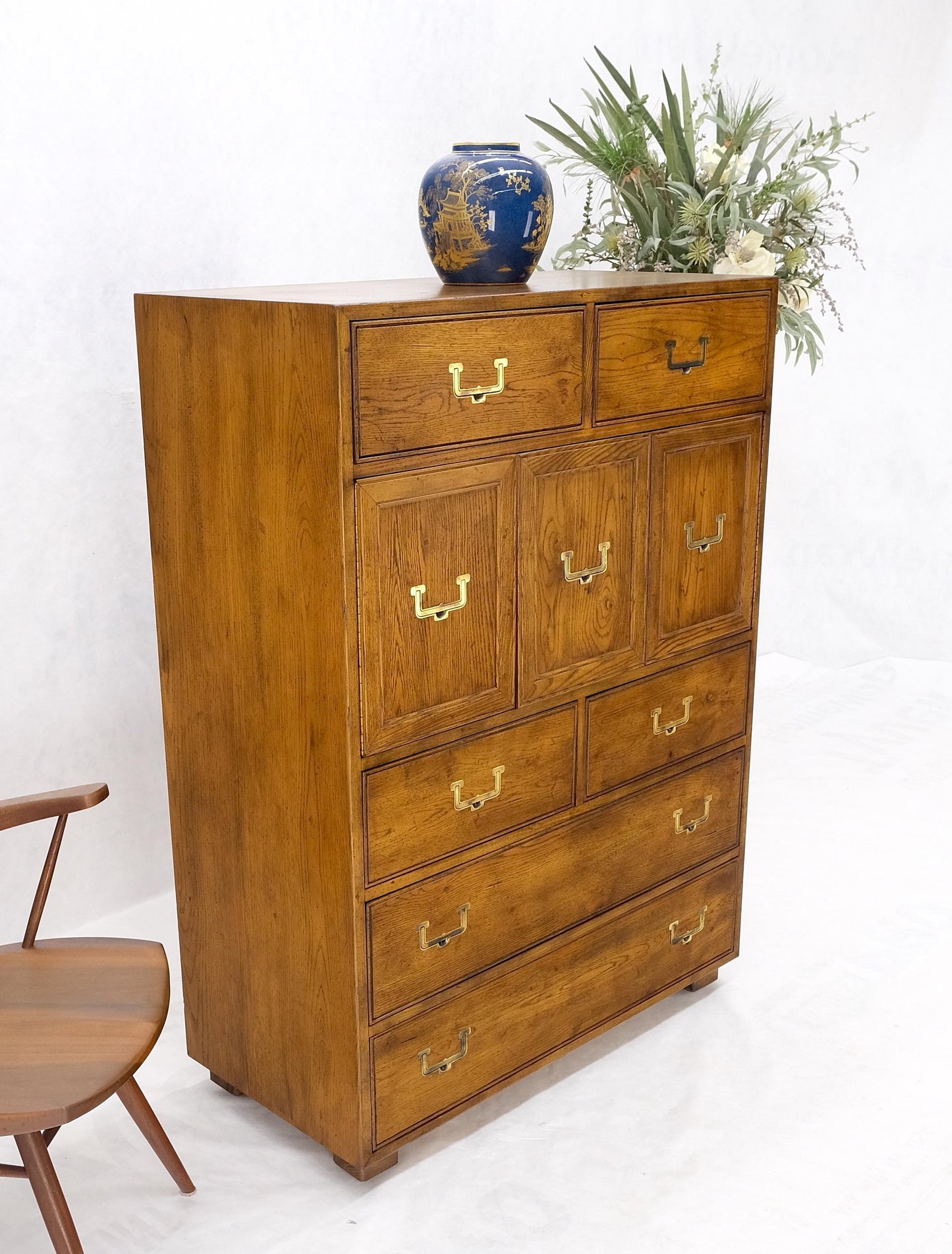 Henredon Mid-Century Modern Campaign Style Highboy Dresser Chest Double Door