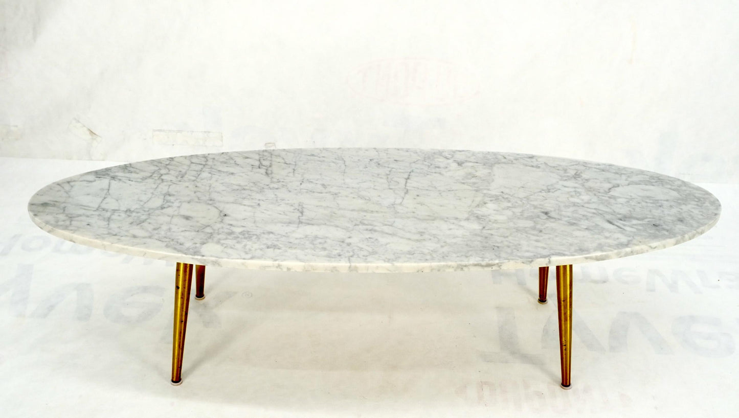 EstablishedLines White Oval Carrara Marble Top Italian Mid-Century Modern Coffee Table Brass Legs