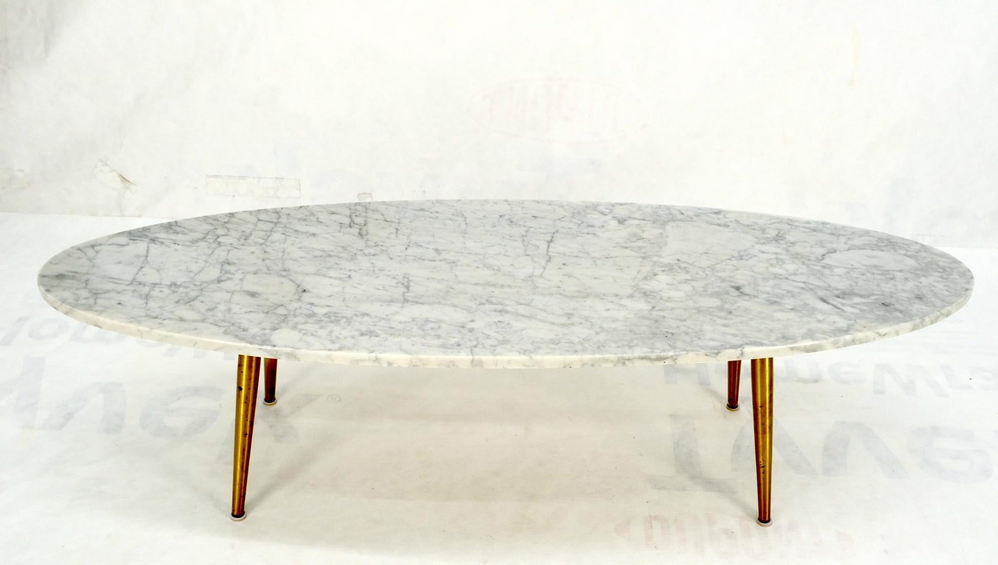EstablishedLines White Oval Carrara Marble Top Italian Mid-Century Modern Coffee Table Brass Legs
