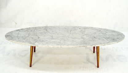 EstablishedLines White Oval Carrara Marble Top Italian Mid-Century Modern Coffee Table Brass Legs
