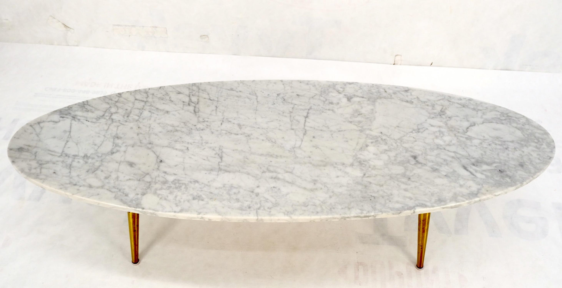 EstablishedLines White Oval Carrara Marble Top Italian Mid-Century Modern Coffee Table Brass Legs