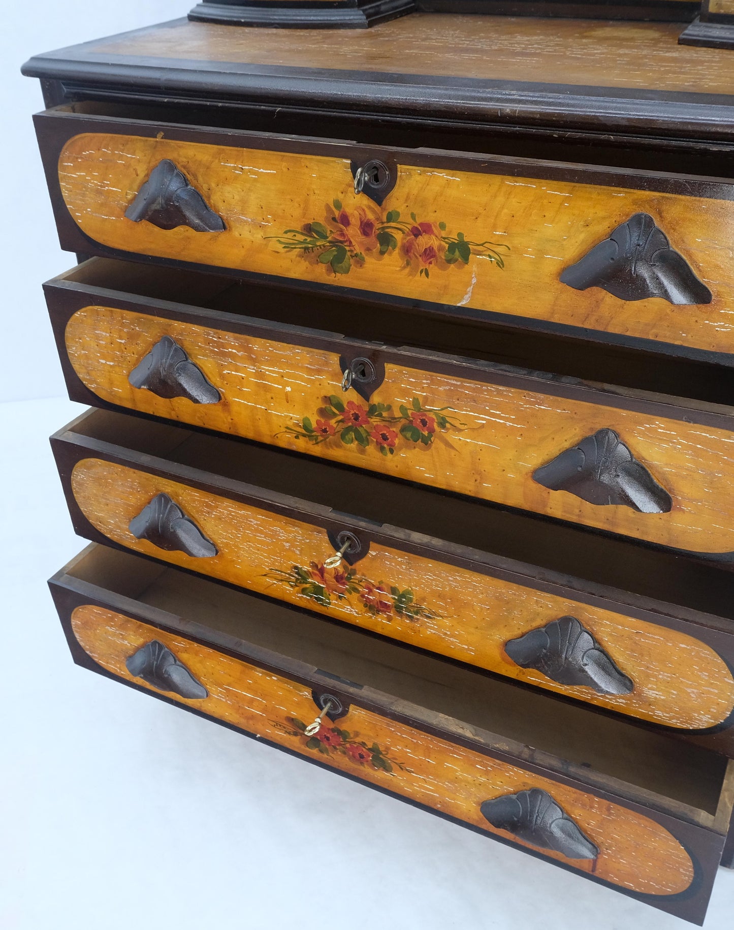 Victorian Painted Bedroom Dresser Mirror King Bed Headboard Rocking Chair Set