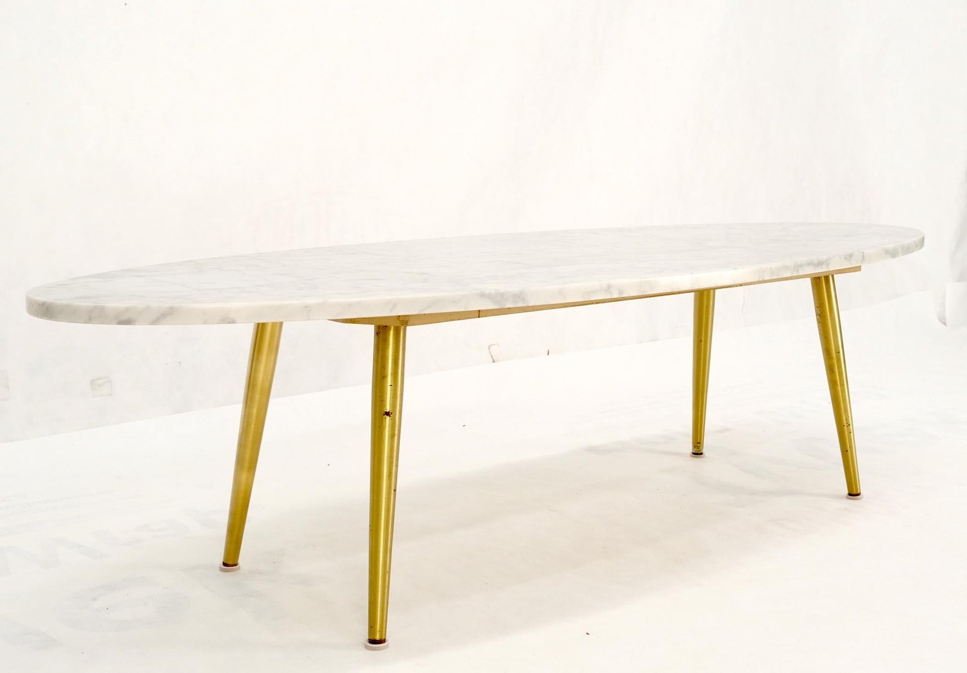 EstablishedLines White Oval Carrara Marble Top Italian Mid-Century Modern Coffee Table Brass Legs