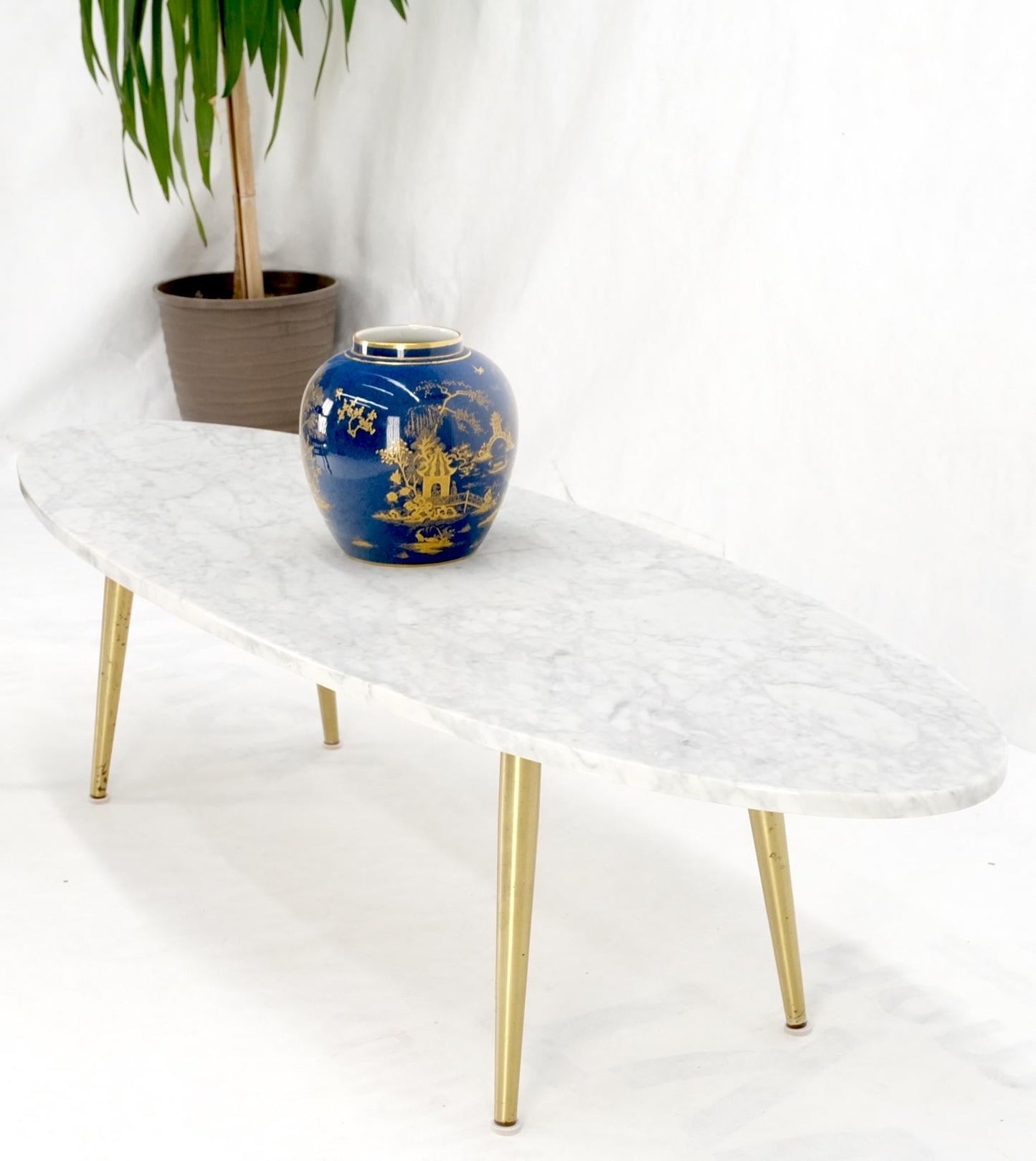 EstablishedLines White Oval Carrara Marble Top Italian Mid-Century Modern Coffee Table Brass Legs