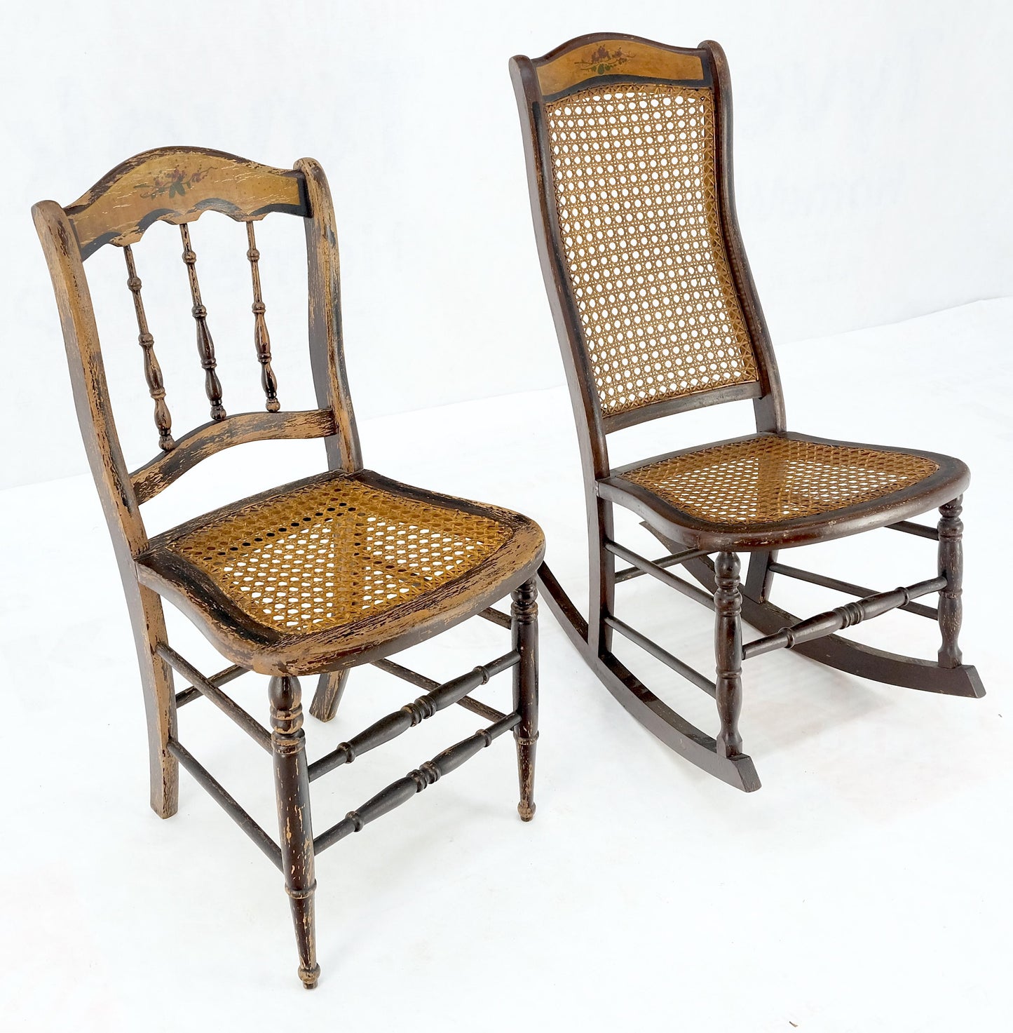 Victorian Painted Bedroom Dresser Mirror King Bed Headboard Rocking Chair Set