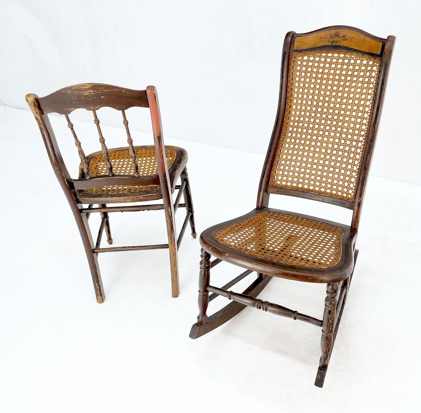 Victorian Painted Bedroom Dresser Mirror King Bed Headboard Rocking Chair Set