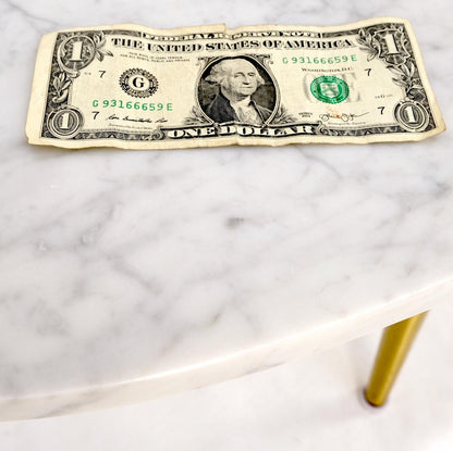 EstablishedLines White Oval Carrara Marble Top Italian Mid-Century Modern Coffee Table Brass Legs