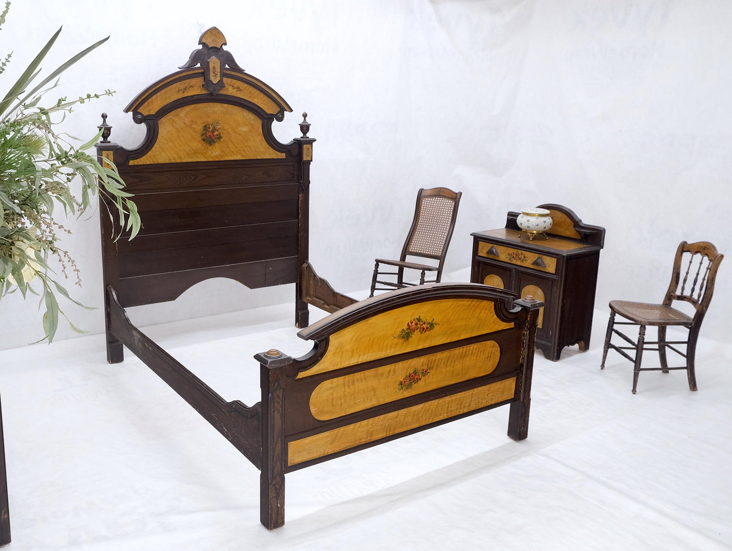 Victorian Painted Bedroom Dresser Mirror King Bed Headboard Rocking Chair Set