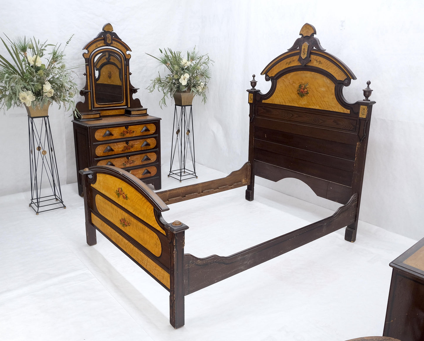 Victorian Painted Bedroom Dresser Mirror King Bed Headboard Rocking Chair Set