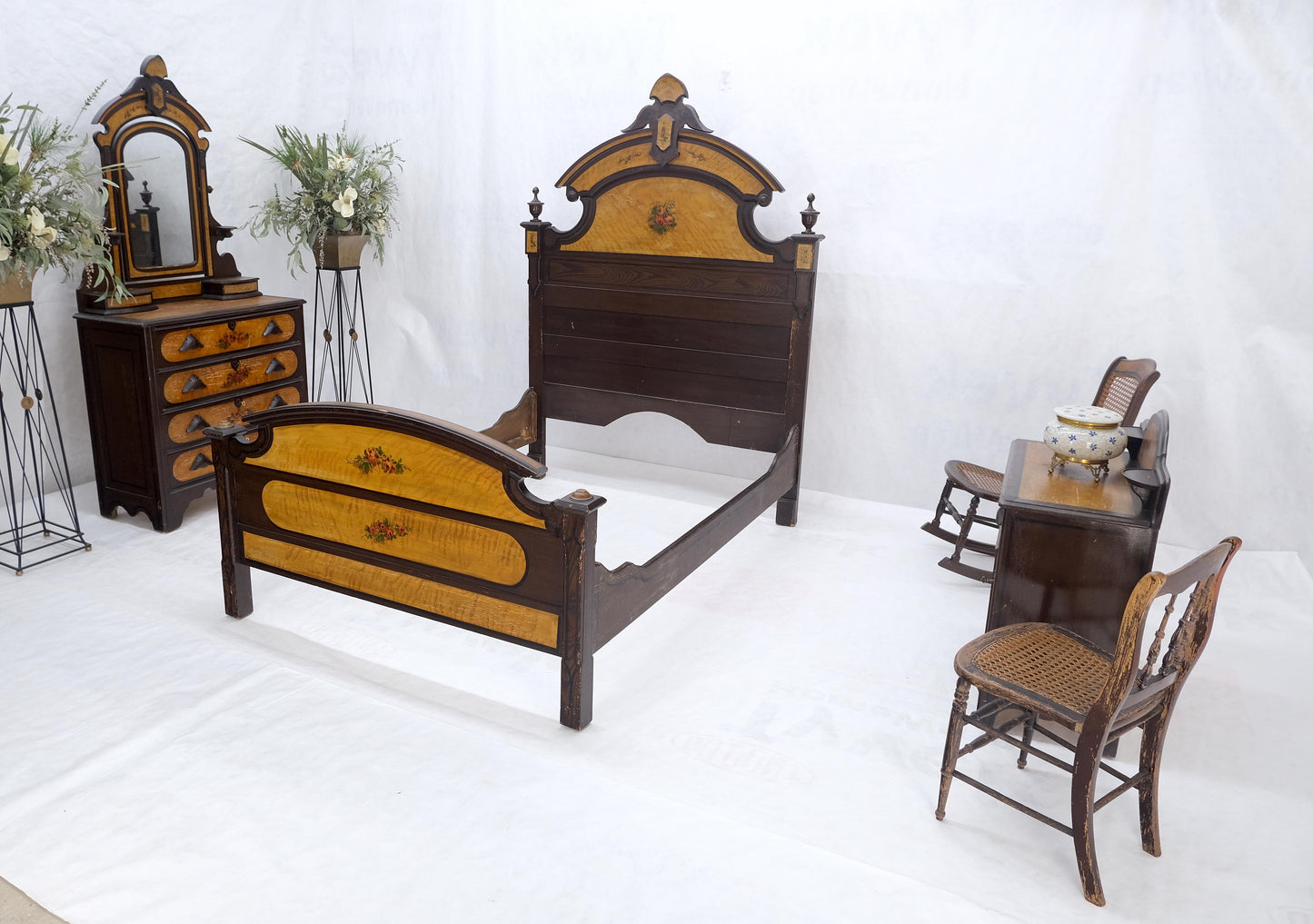Victorian Painted Bedroom Dresser Mirror King Bed Headboard Rocking Chair Set