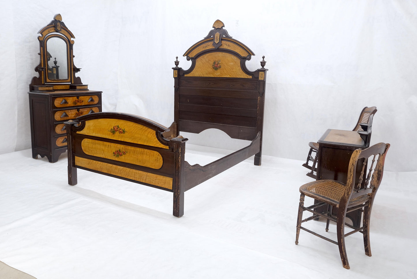 Victorian Painted Bedroom Dresser Mirror King Bed Headboard Rocking Chair Set