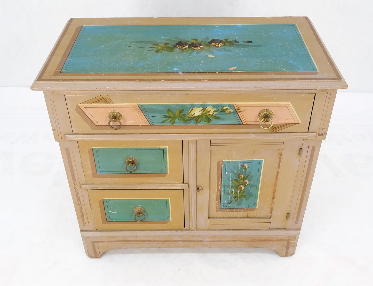 Victorian Hand Painted Dresser Mirror King Bed Headboard Chair Footstool Drawers