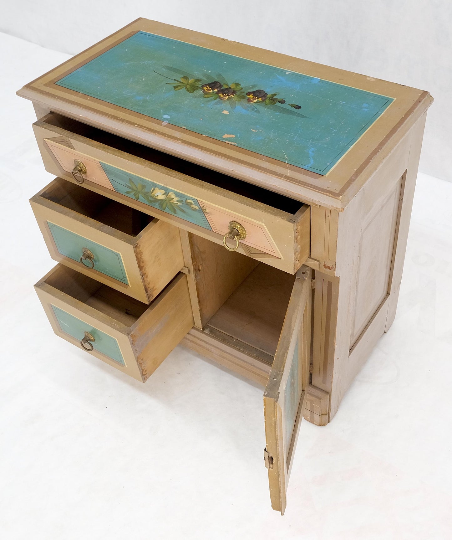 Victorian Hand Painted Dresser Mirror King Bed Headboard Chair Footstool Drawers