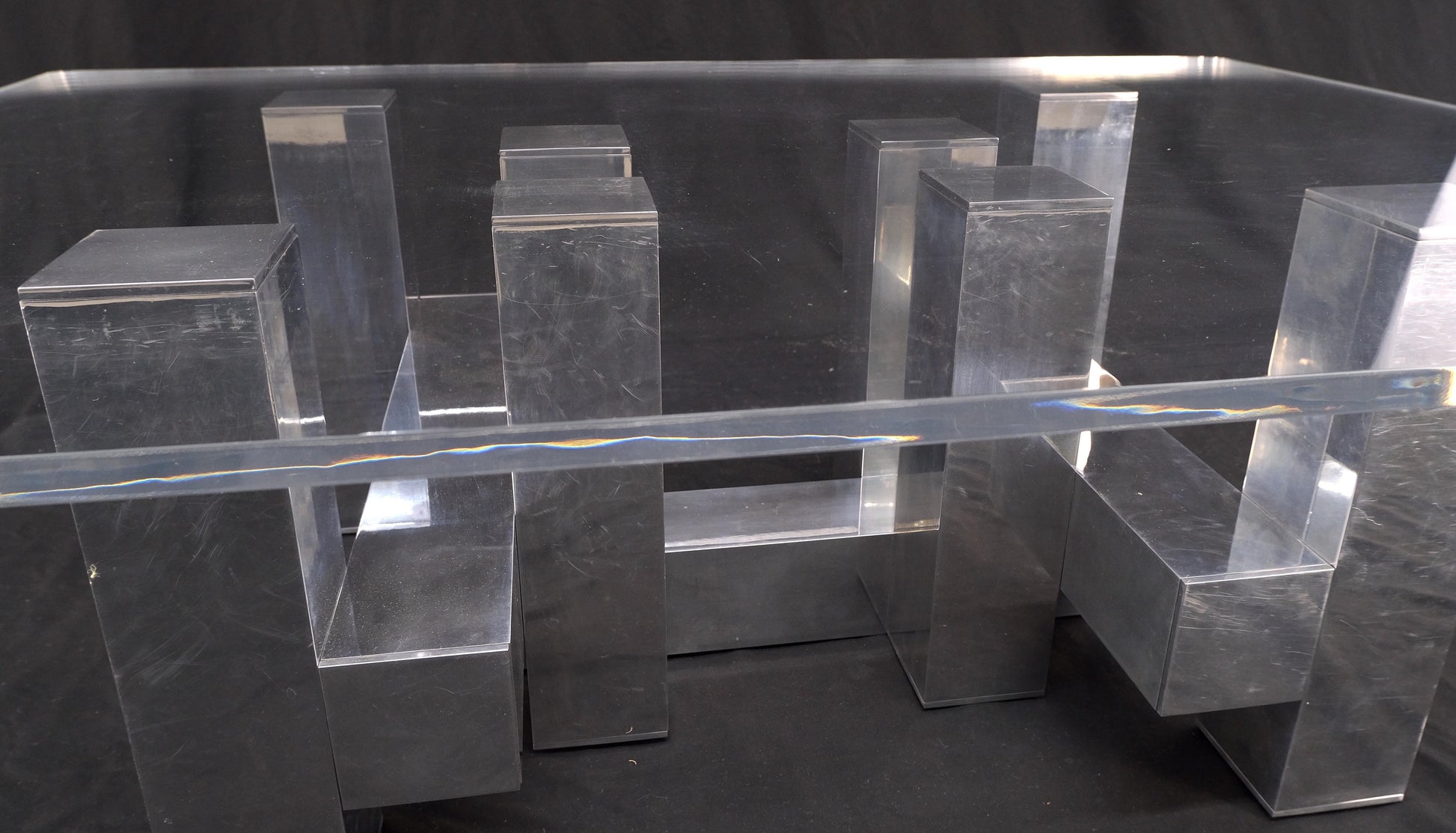 EstablishedLines Cityscape Aluminum Base Lucite Rectangle Top Rounded Corners Coffee Table