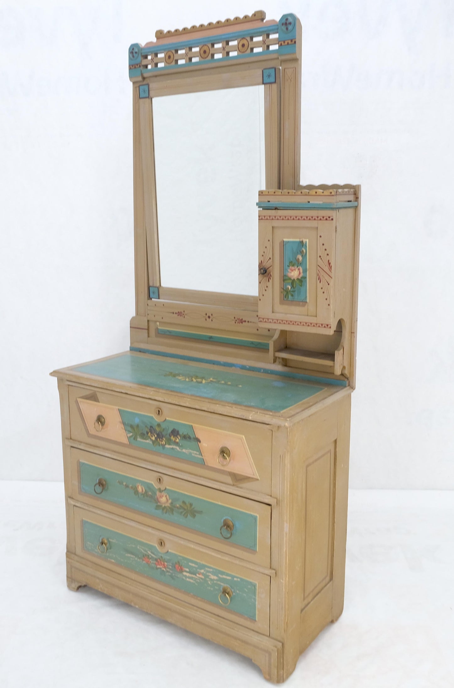 Victorian Hand Painted Dresser Mirror King Bed Headboard Chair Footstool Drawers