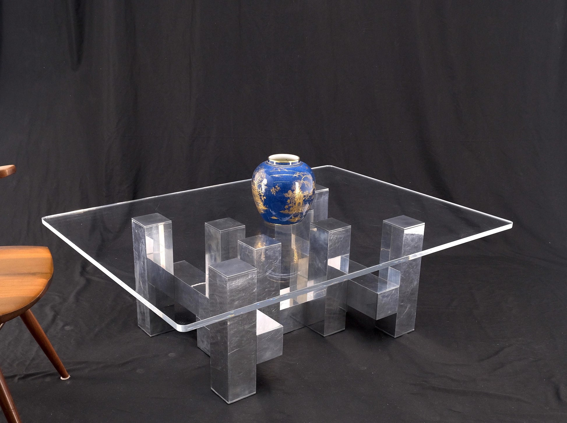 EstablishedLines Cityscape Aluminum Base Lucite Rectangle Top Rounded Corners Coffee Table