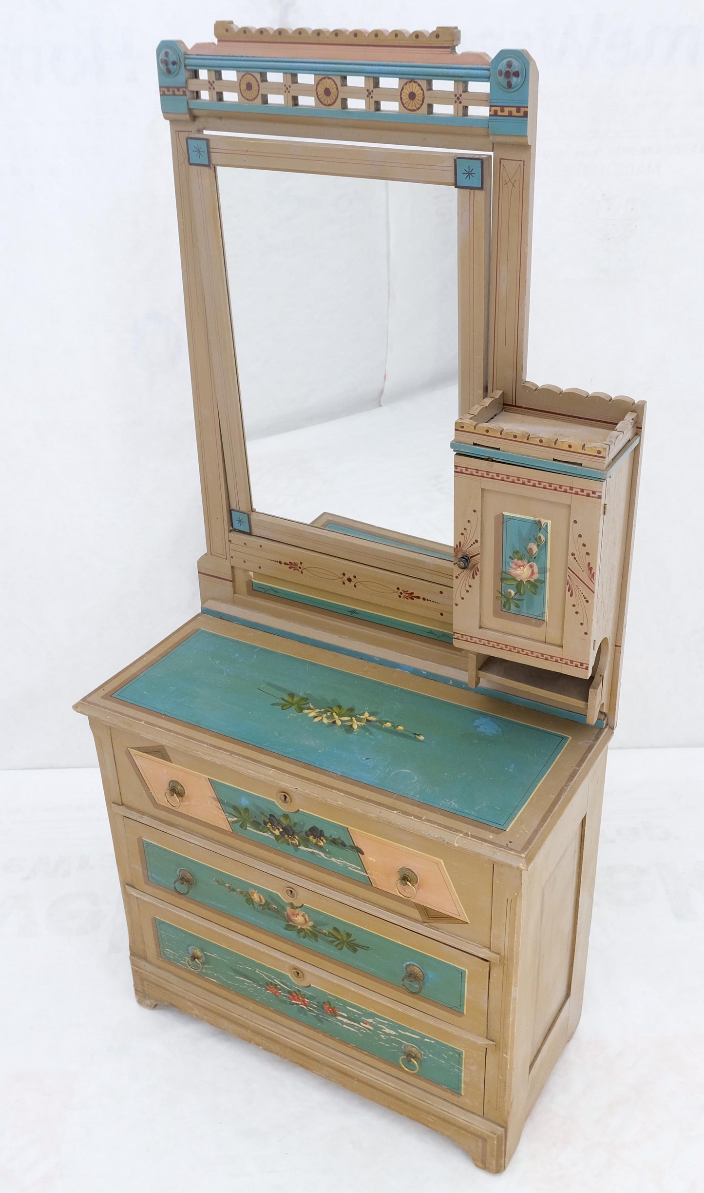 Victorian Hand Painted Dresser Mirror King Bed Headboard Chair Footstool Drawers