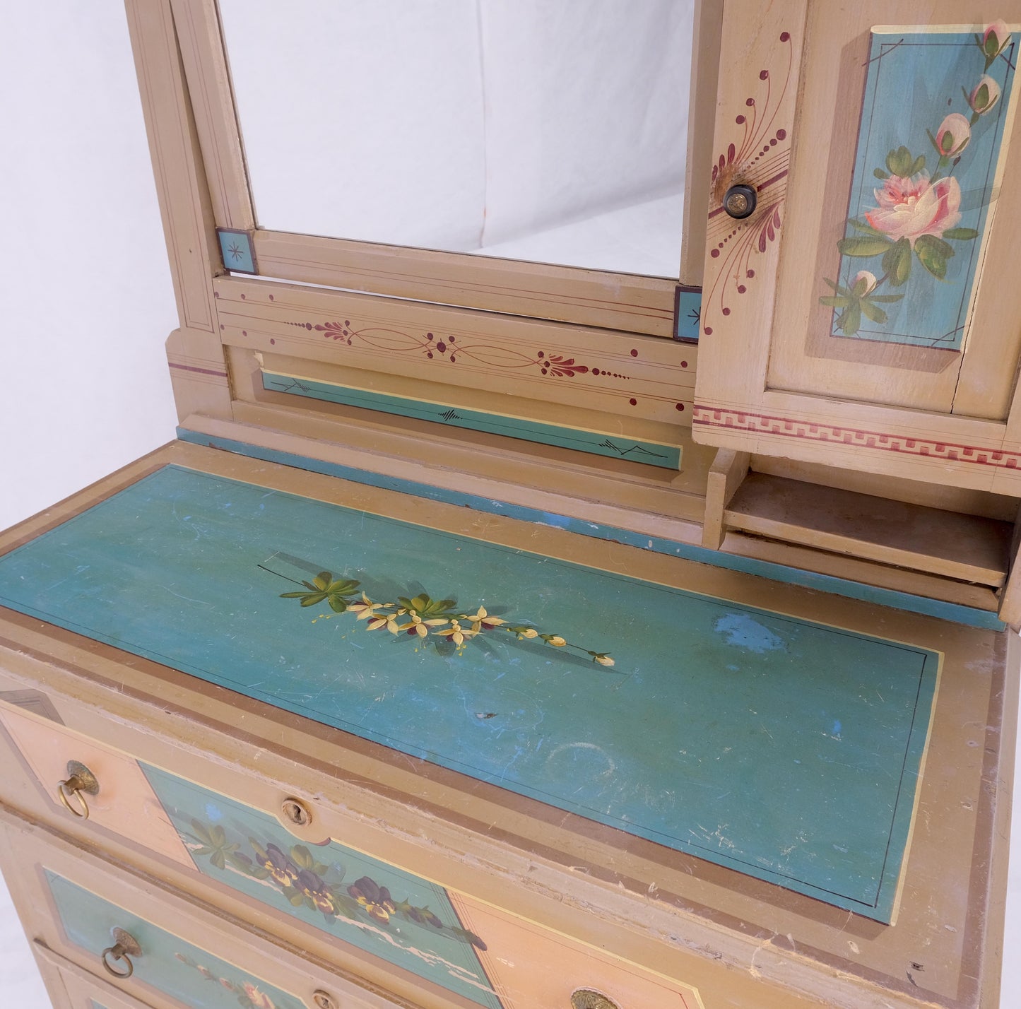Victorian Hand Painted Dresser Mirror King Bed Headboard Chair Footstool Drawers