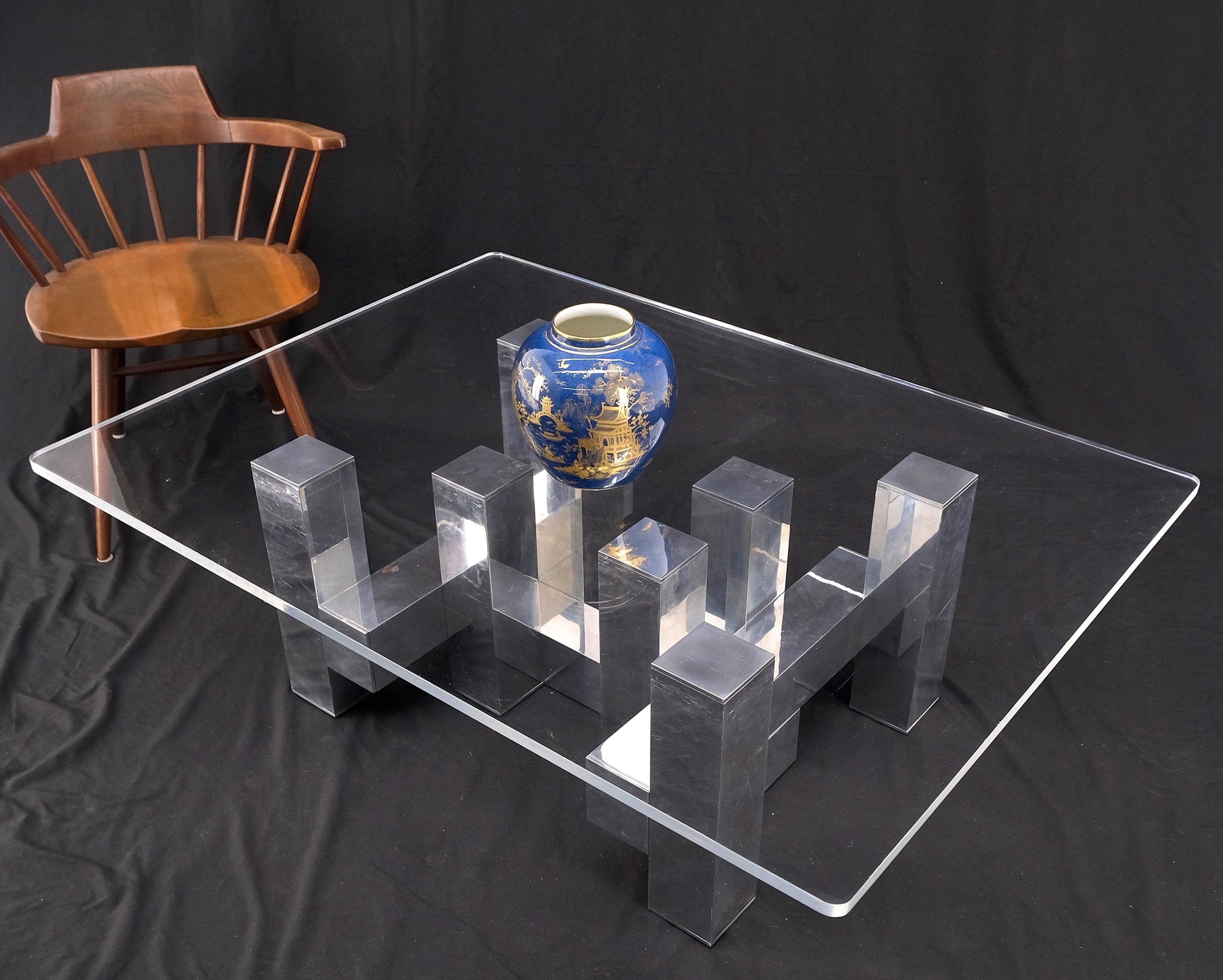 EstablishedLines Cityscape Aluminum Base Lucite Rectangle Top Rounded Corners Coffee Table
