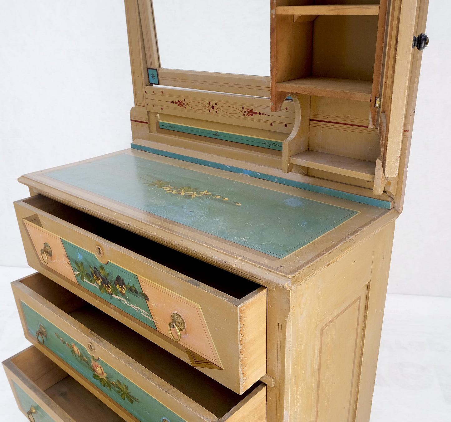 Victorian Hand Painted Dresser Mirror King Bed Headboard Chair Footstool Drawers