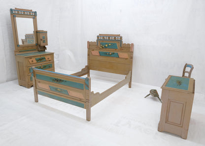 Victorian Hand Painted Dresser Mirror King Bed Headboard Chair Footstool Drawers
