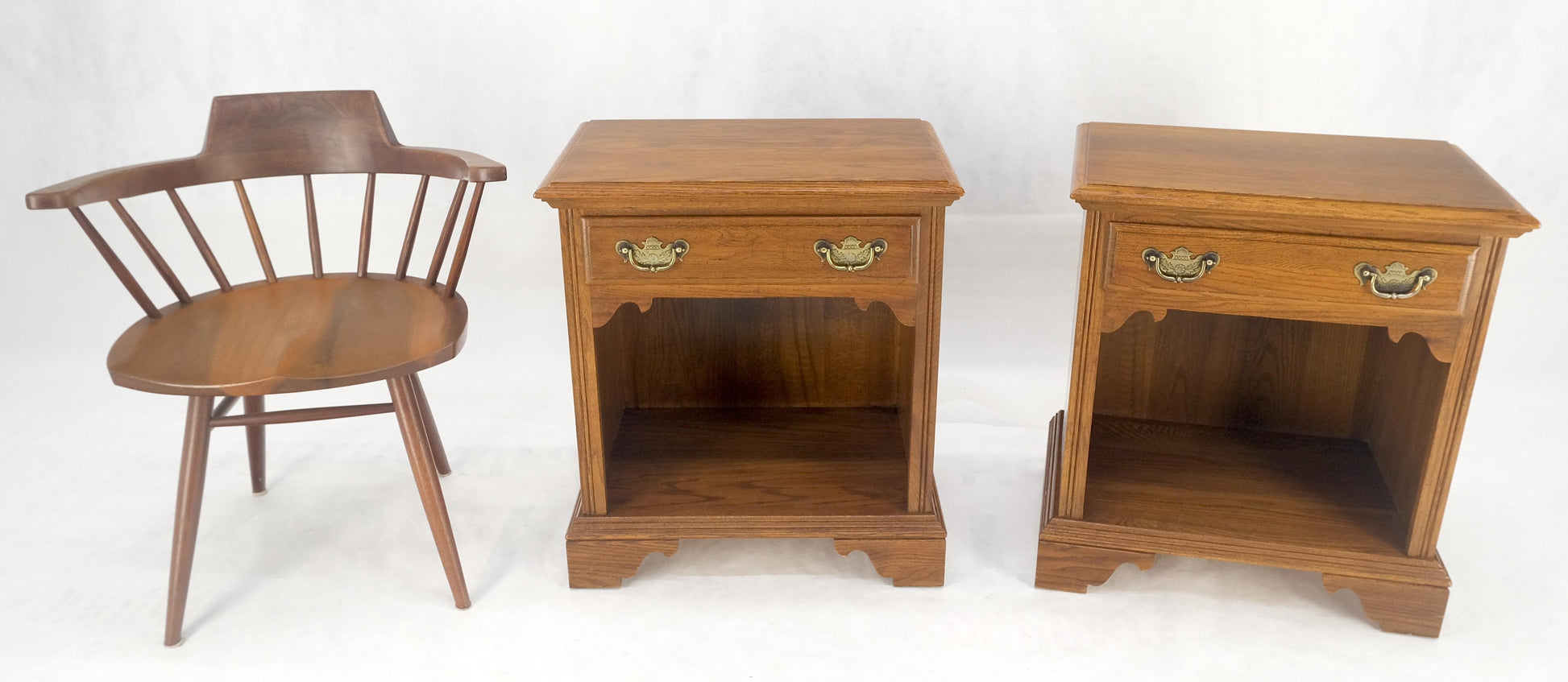 EstablishedLines Pair of Chestnut One Drawer Nightstands End Tables Bracket Feet Shelf MINT!